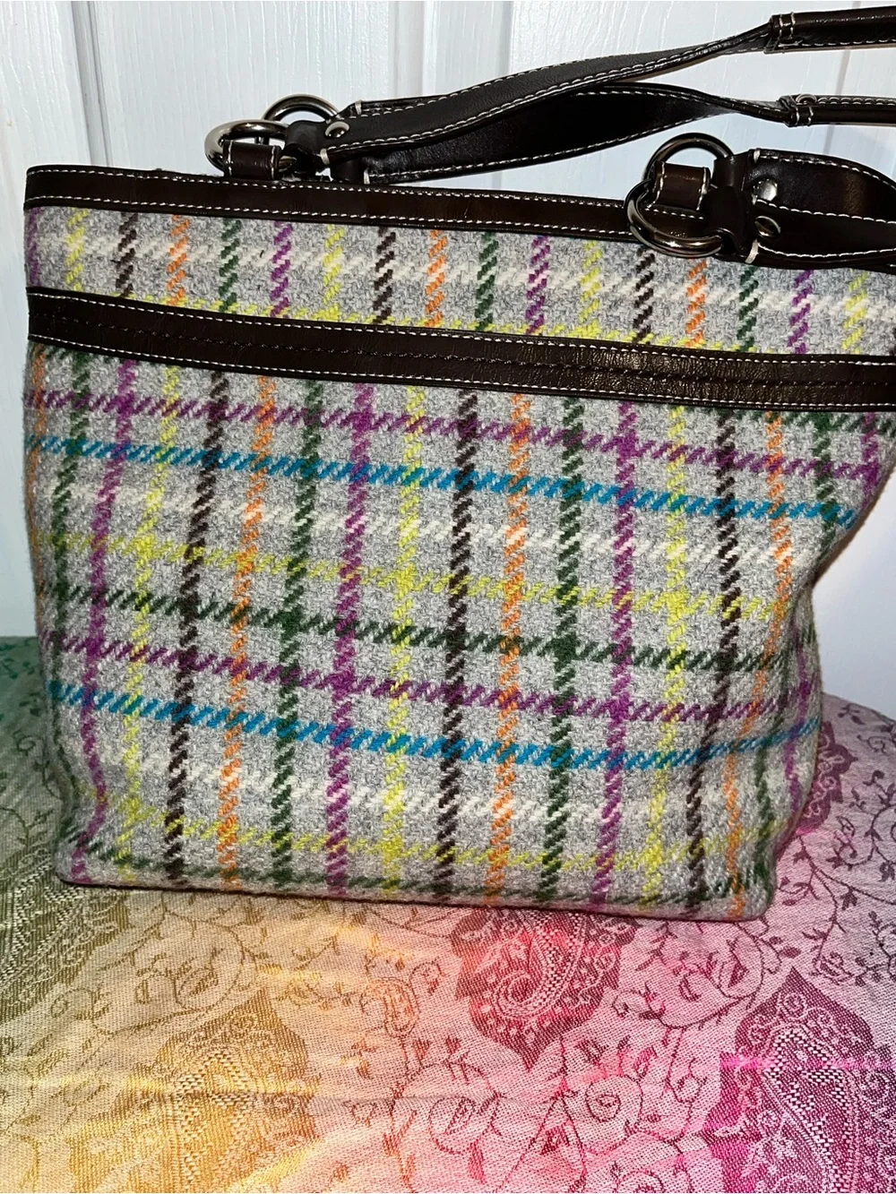Coach Tattersal Plaid Tote with Brown Leather Trim